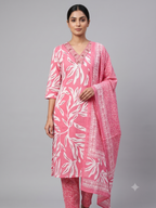 Women's Pink & White Abstract Leaf Printed Cotton Kurta Set with Dupatta – 3-Piece Ethnic Suit Set
