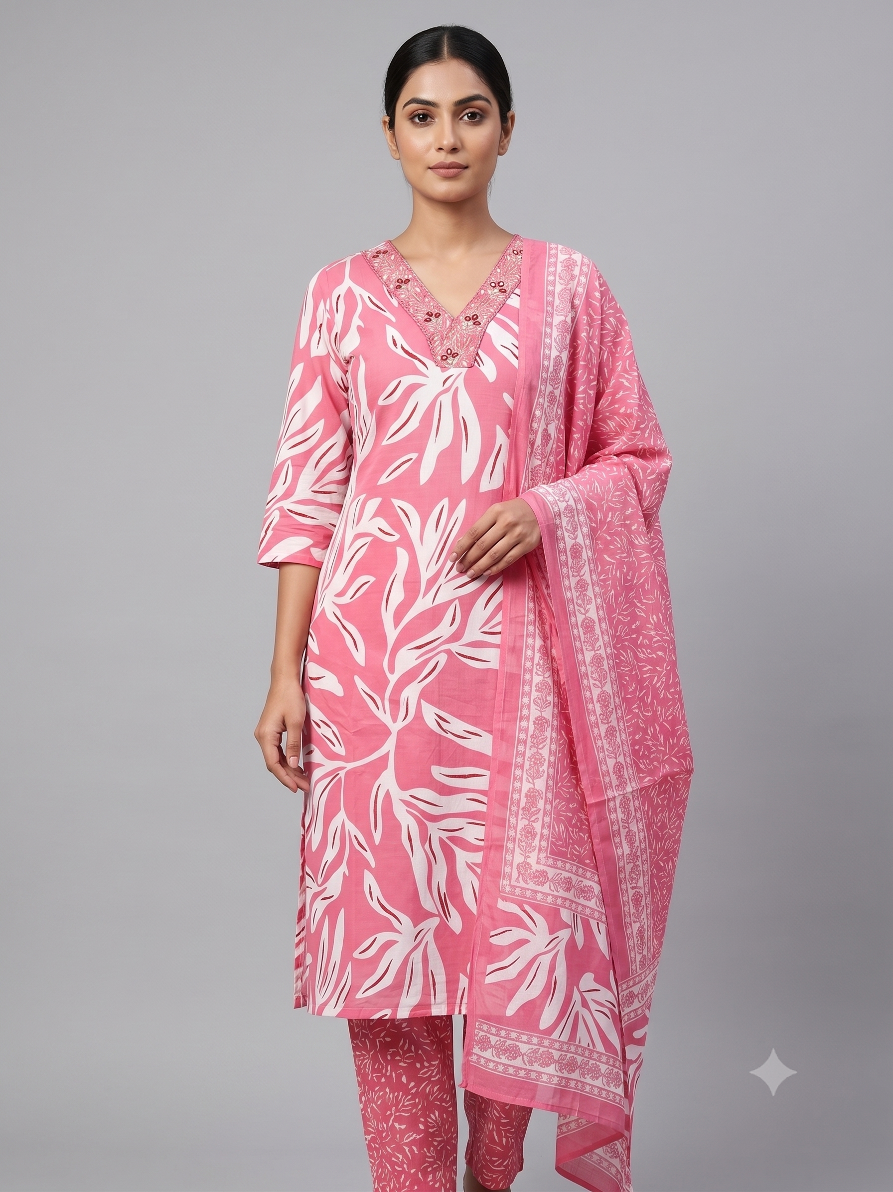 Women's Pink & White Abstract Leaf Printed Cotton Kurta Set with Dupatta – 3-Piece Ethnic Suit Set