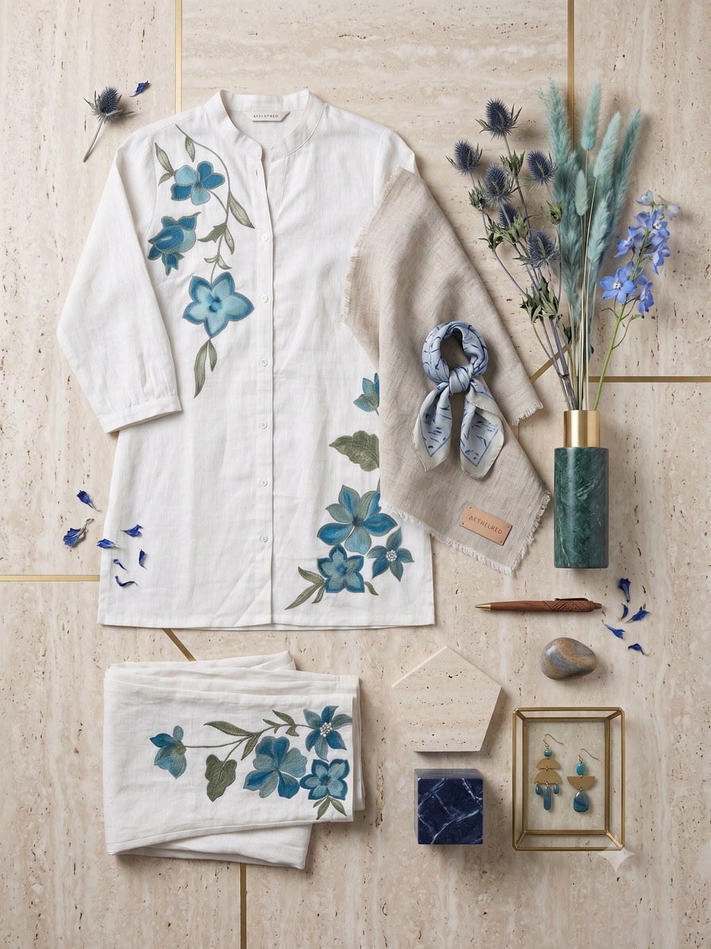 Ivory Linen-Blend Embroidered Tunic and Pant Co-ord Set