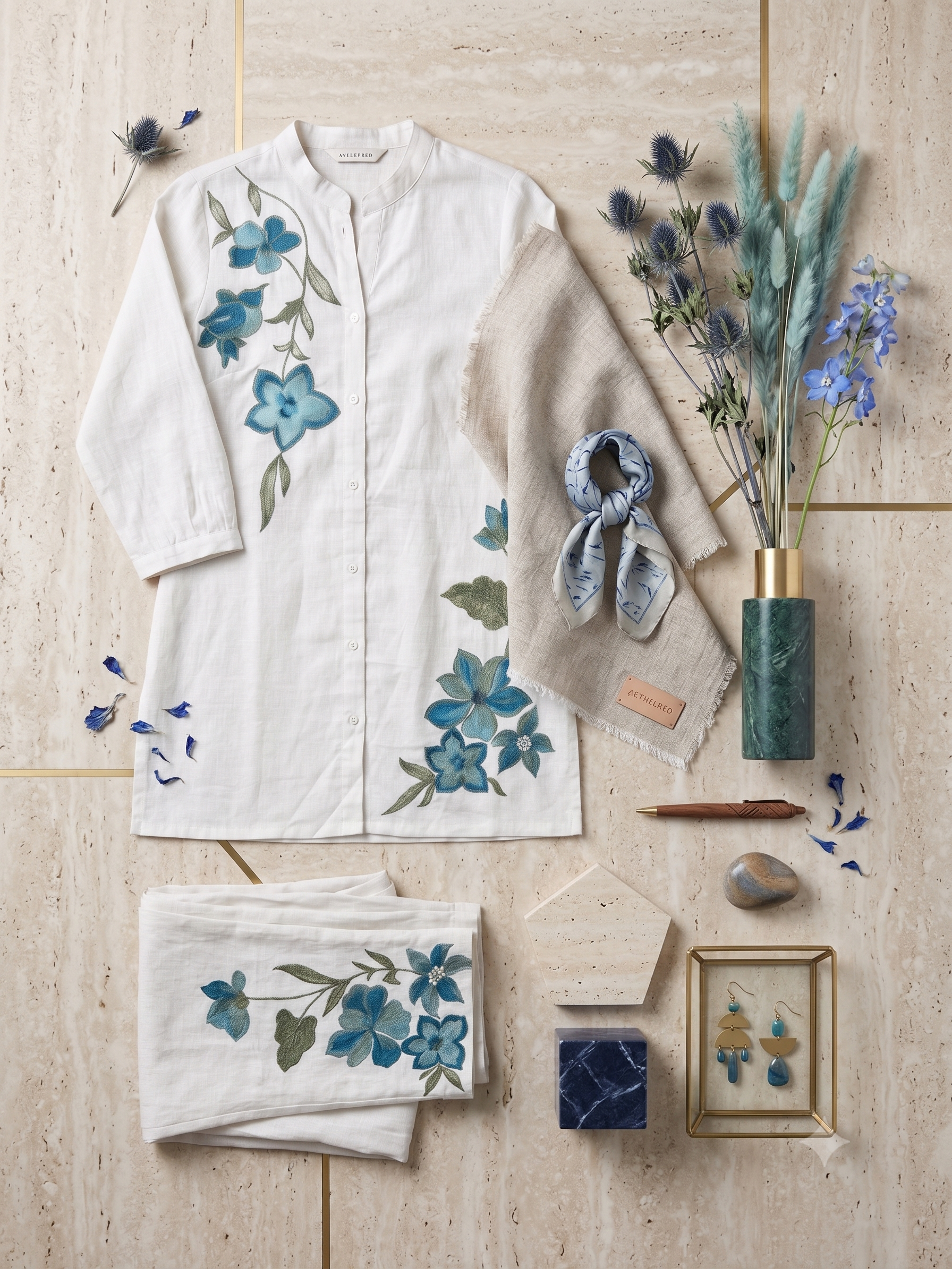 Ivory Linen-Blend Embroidered Tunic and Pant Co-ord Set