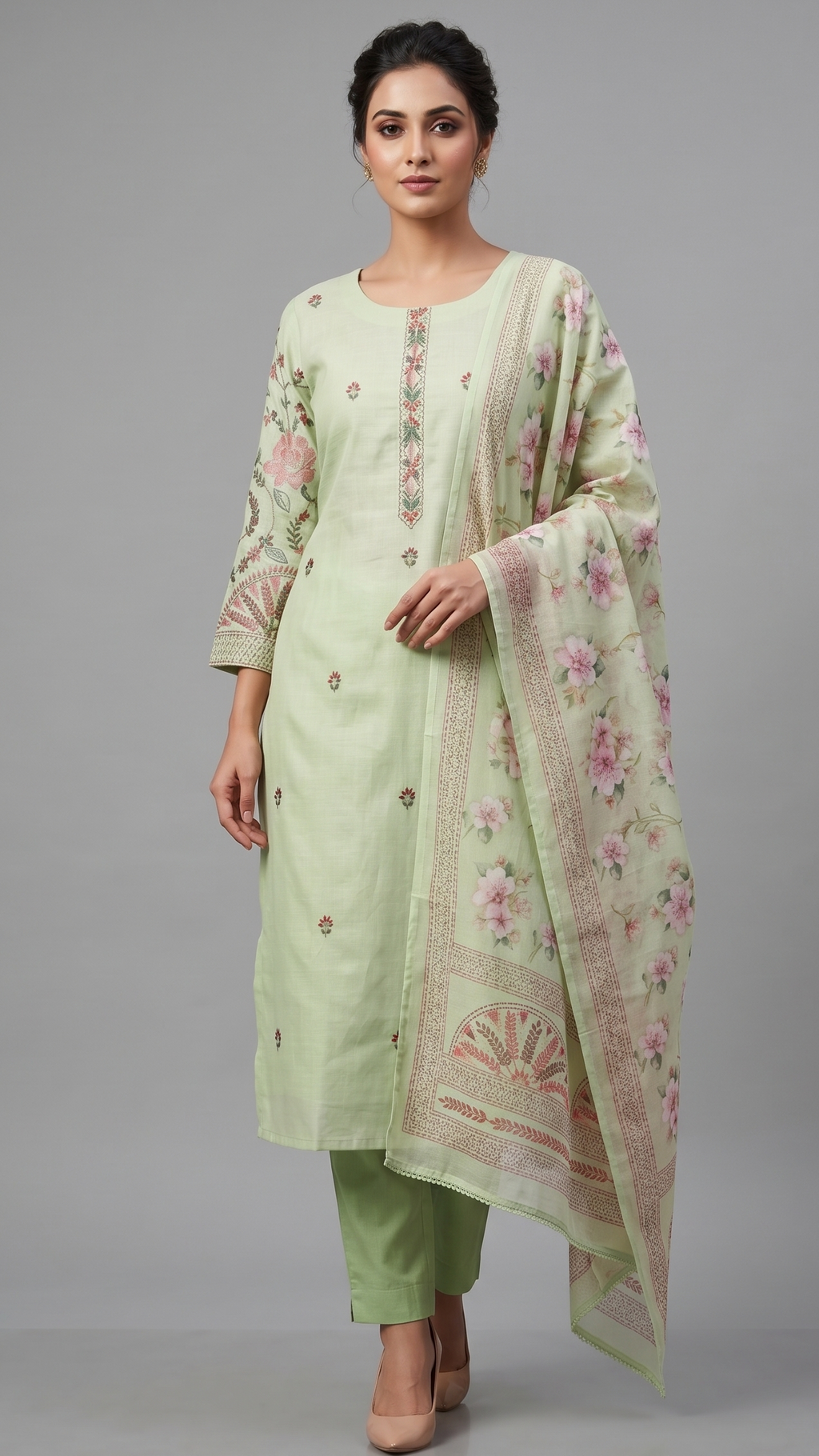 Mint Blossom Embroidered Kurta Set with Floral Dupatta