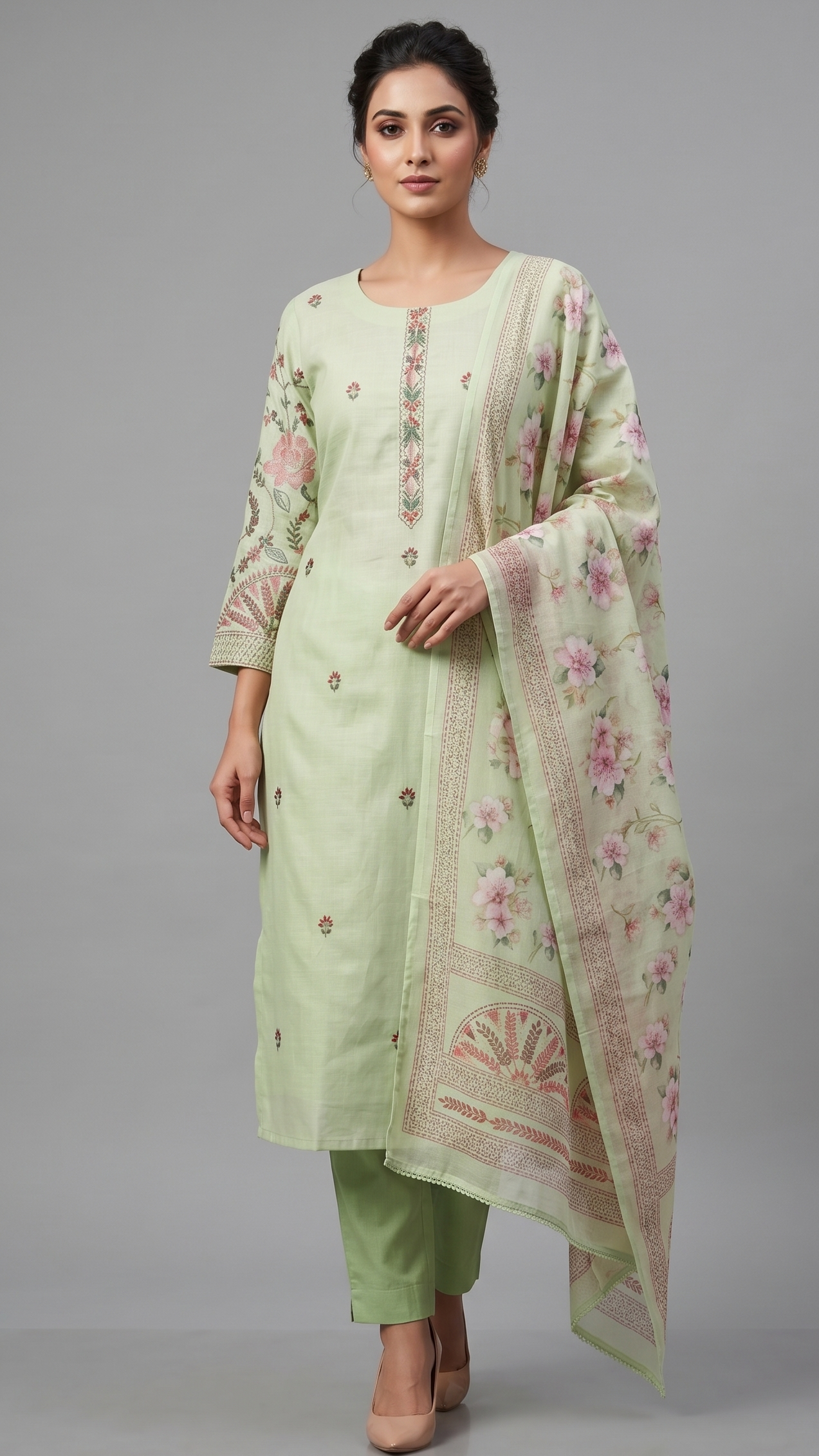 Mint Blossom Embroidered Kurta Set with Floral Dupatta