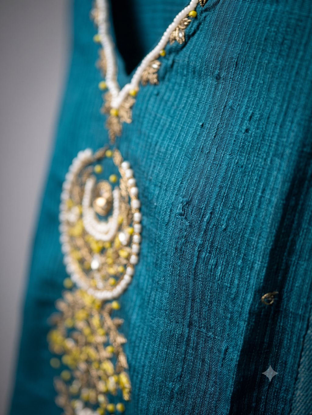 Teal Blue Embroidered Kurti Trouser Set with Woven Motif Dupatta
