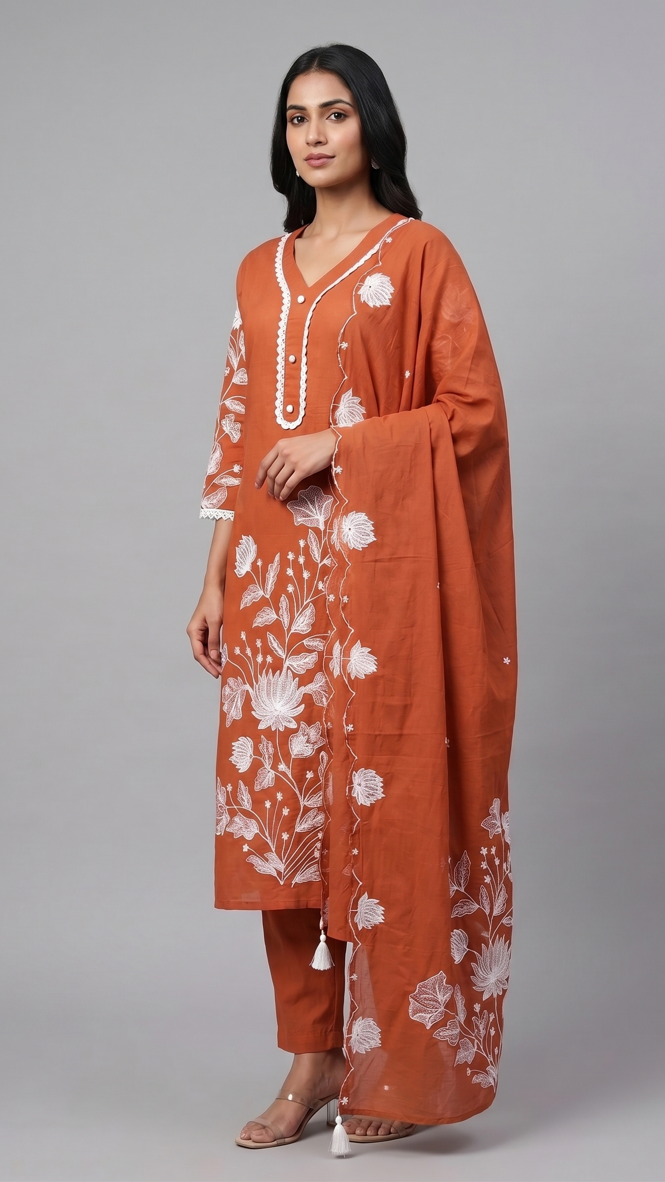 Rust Orange Floral Embroidered Straight Kurta Suit Set