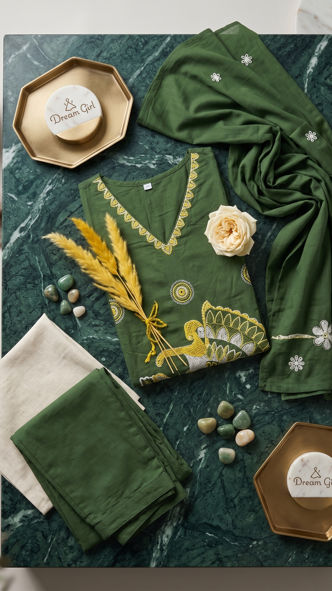 Olive Green Peacock Embroidered 3-Piece Kurta Set
