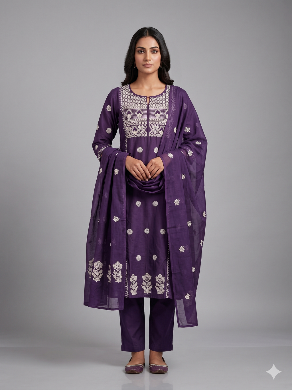 Plum Geometric Embroidered 3-Piece Kurta Set