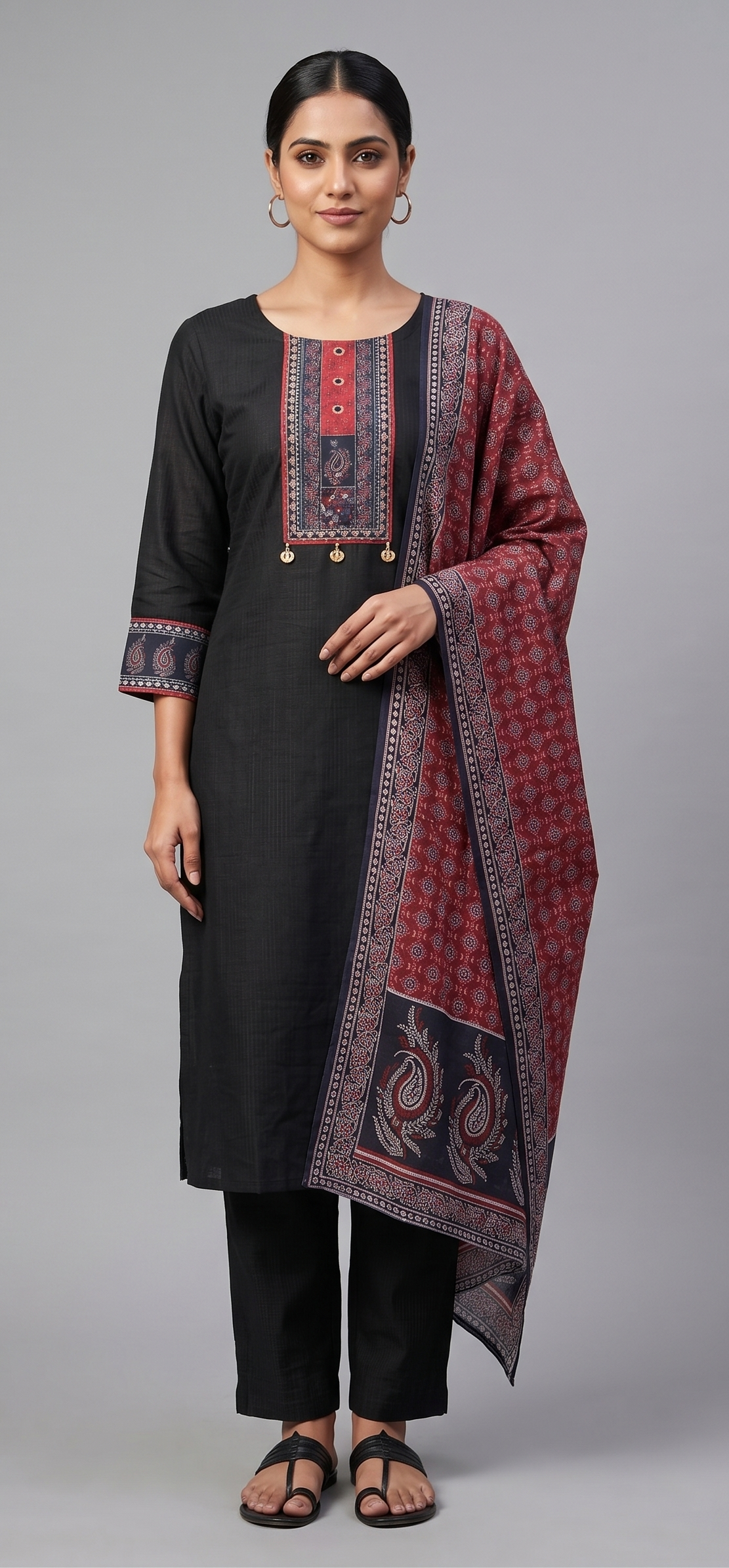 Jet Black Slub Cotton Kurta Pant Set with Printed Maroon Dupatta