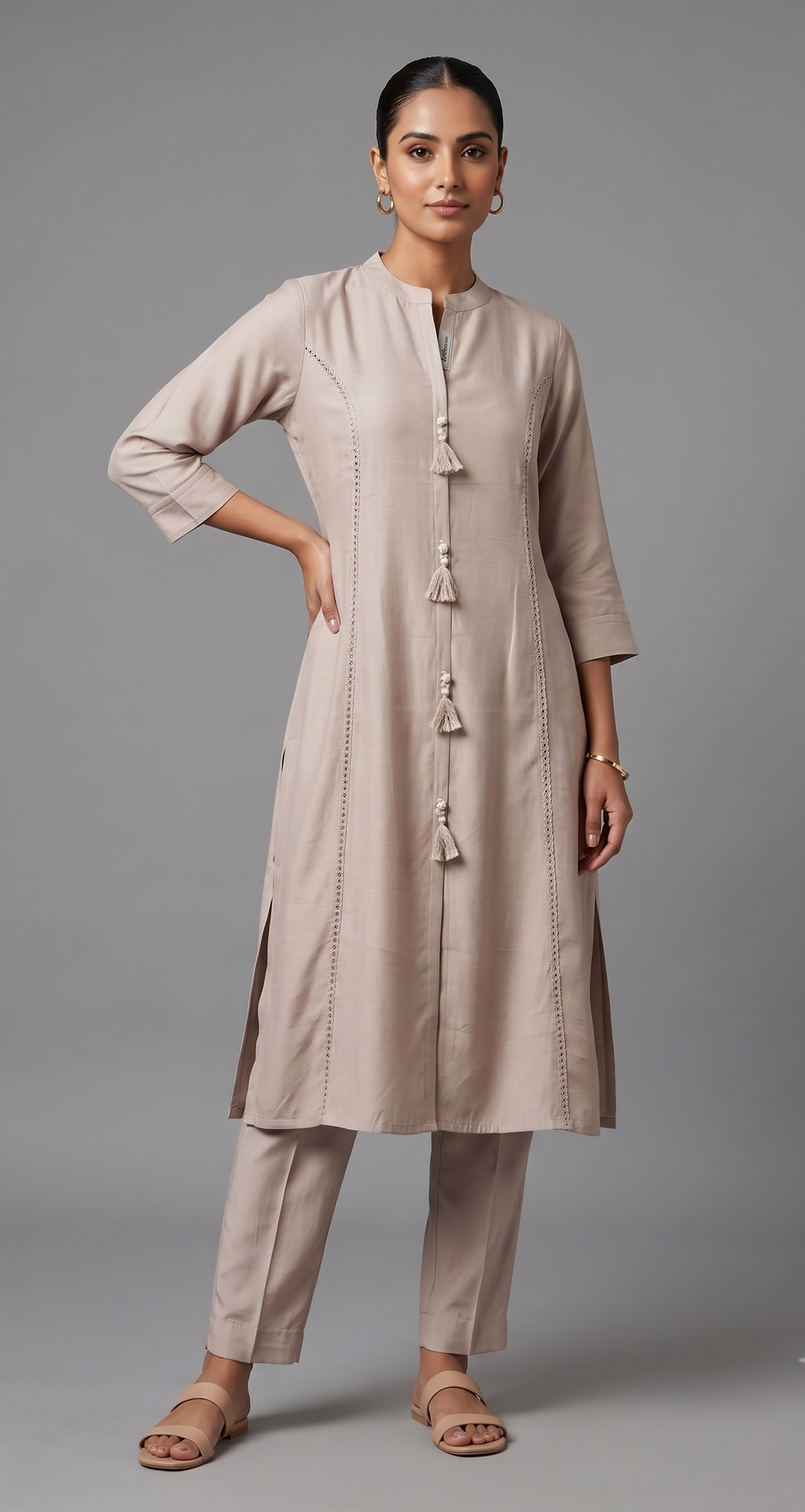 Taupe Beige Cotton-Chanderi Co-ord Set with Tassel Detailing