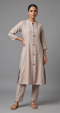 Taupe Beige Cotton-Chanderi Co-ord Set with Tassel Detailing