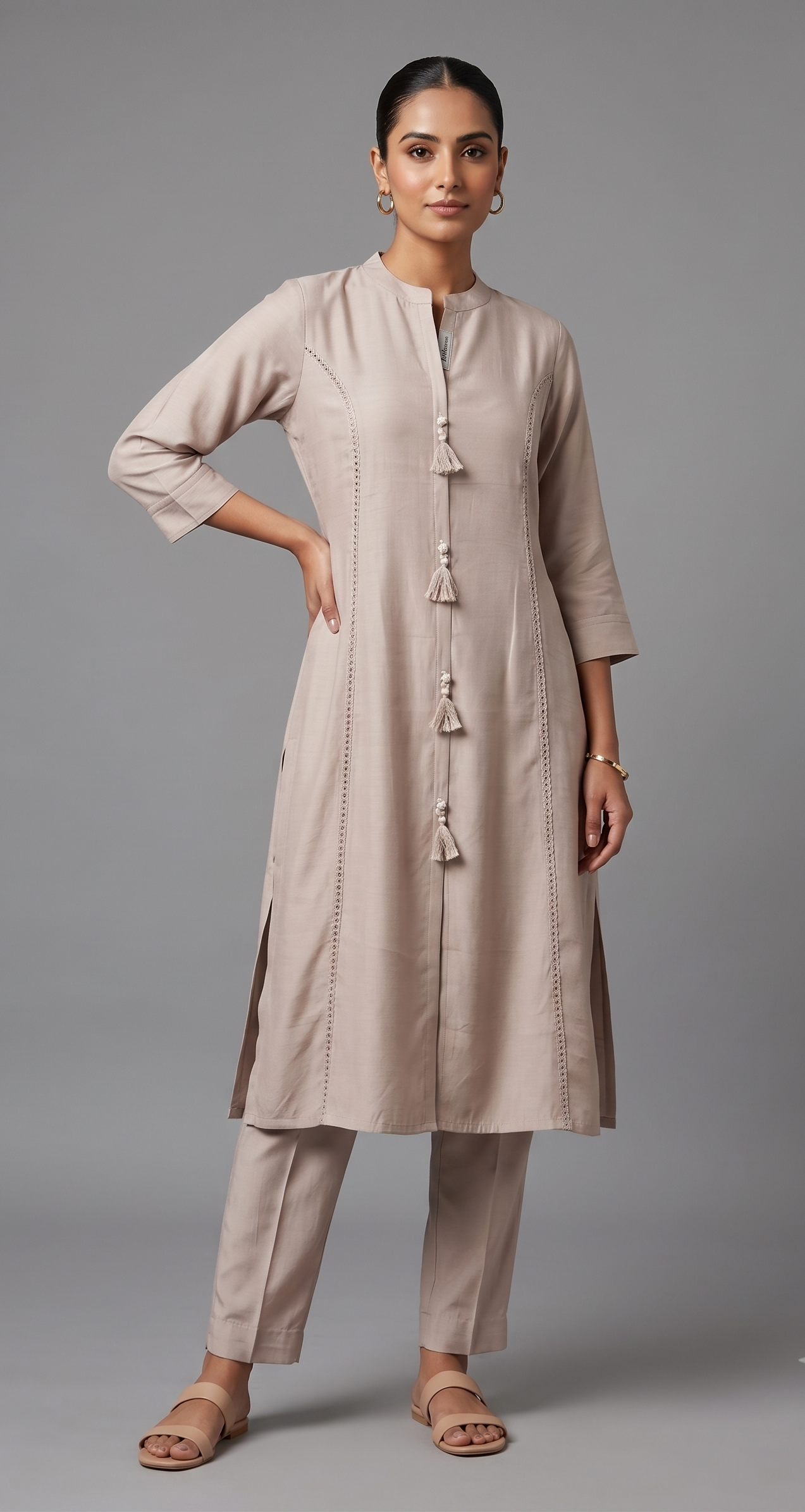 Taupe Beige Cotton-Chanderi Co-ord Set with Tassel Detailing