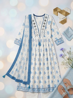 White and Blue Floral Flared Kurta Set with Mirror Work