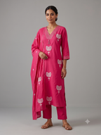 Women's Hot Pink Cotton Silk Kurta Set with Dupatta – 3-Piece Embroidered Tulip Motif Suit Set