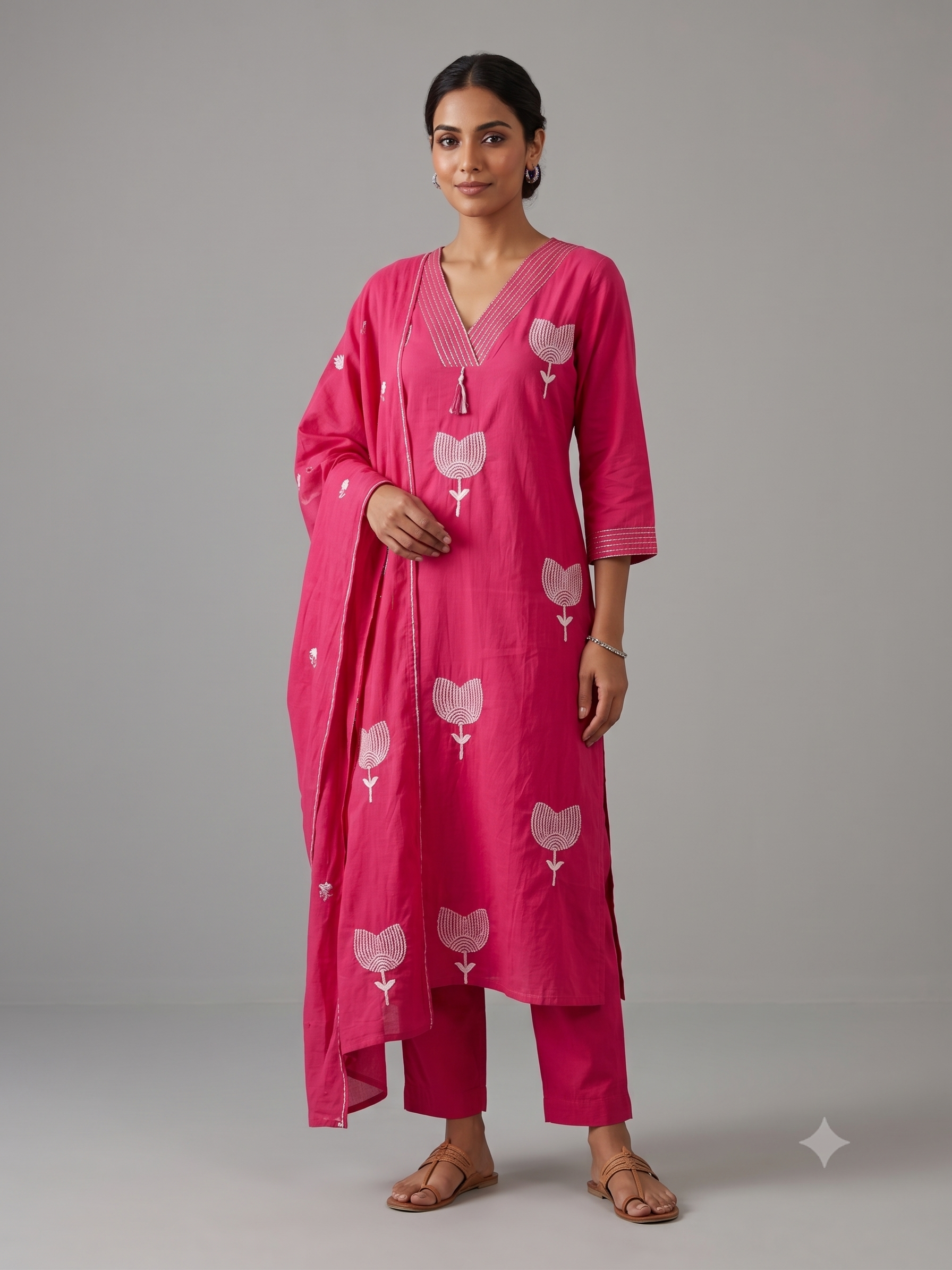 Women's Hot Pink Cotton Silk Kurta Set with Dupatta – 3-Piece Embroidered Tulip Motif Suit Set