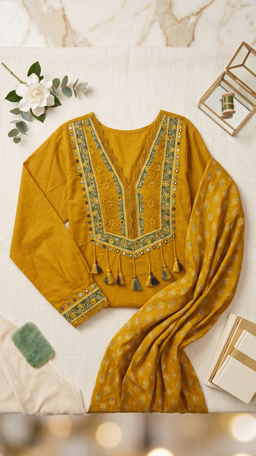 Festive Mustard A-Line Kurta Set with Green Border Detailing