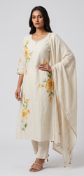 Ivory Cream Floral Hand-Painted Straight Kurta Set with Dupatta