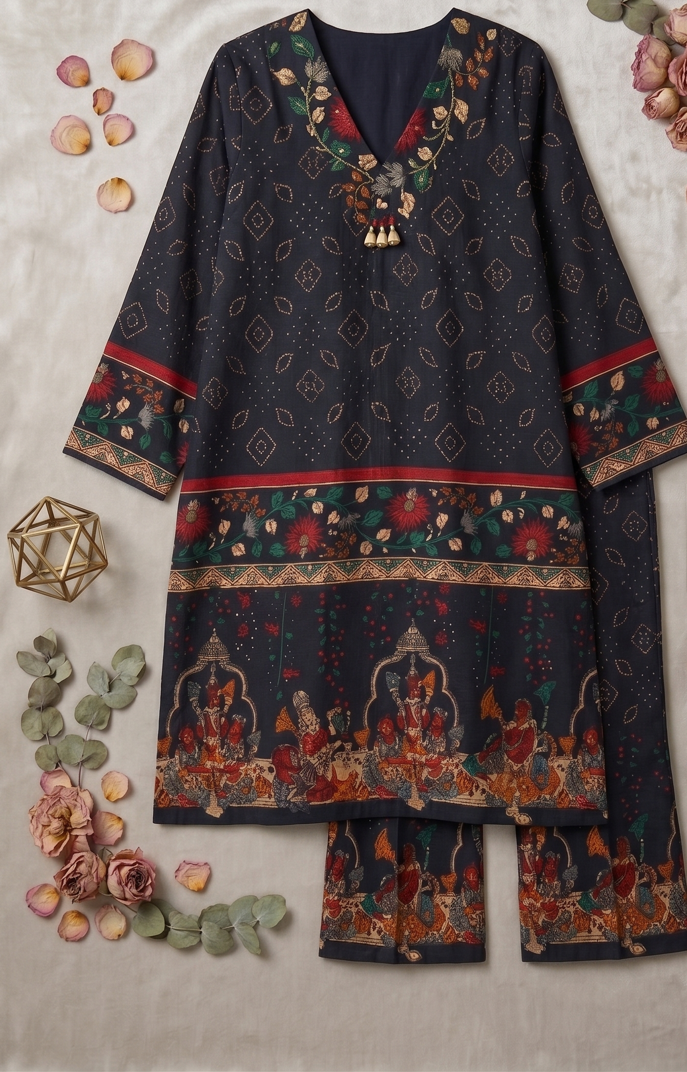Navy Blue Kalamkari Print Co-ord Set with Wide-Leg Palazzos
