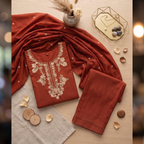 Brick Red Embroidered  Pure Cotton Kurta Set with Wide-Leg Palazzo and Dupatta