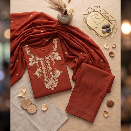 Brick Red Embroidered  Pure Cotton Kurta Set with Wide-Leg Palazzo and Dupatta
