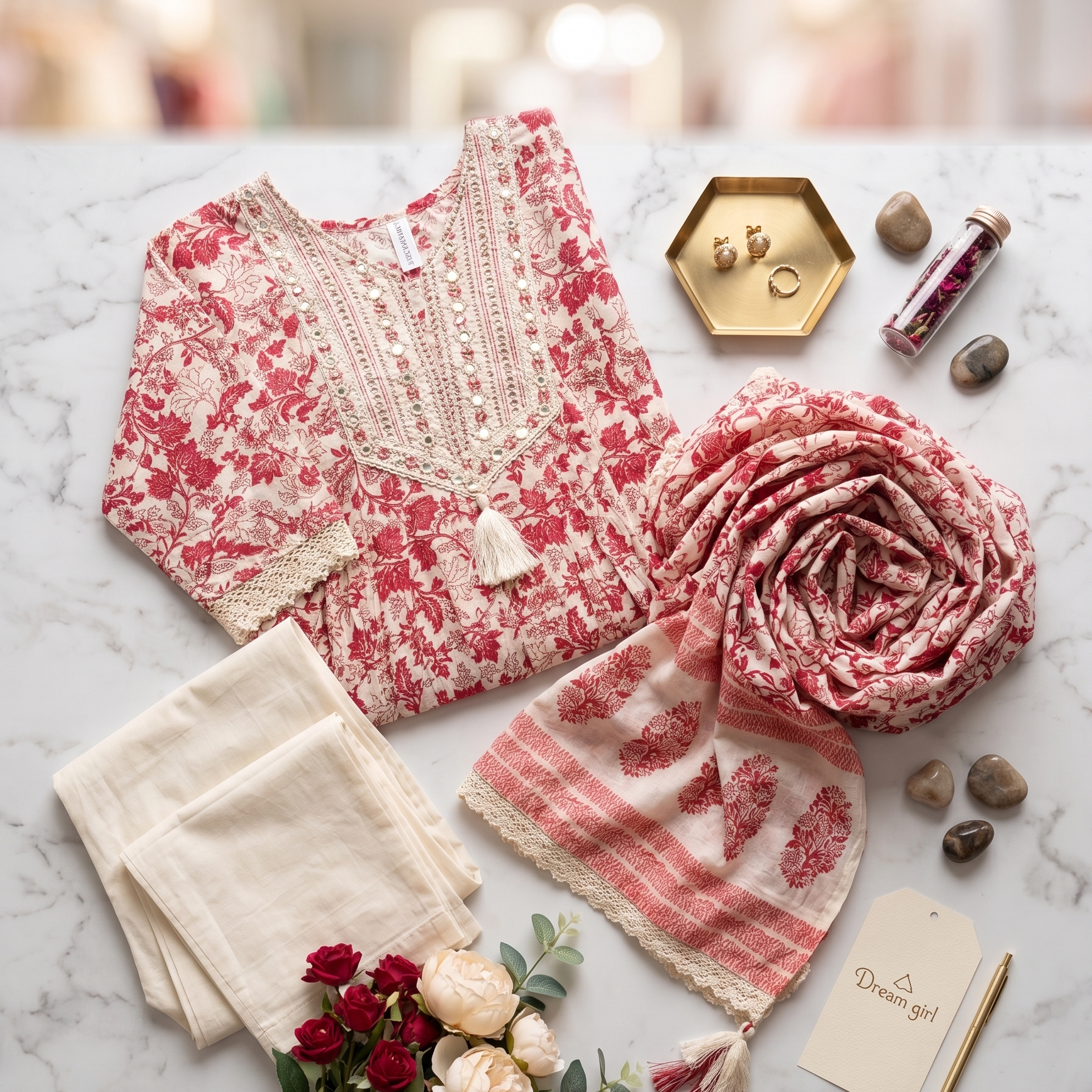 Crimson Blossom Floral Mirror-Work Anarkali Set