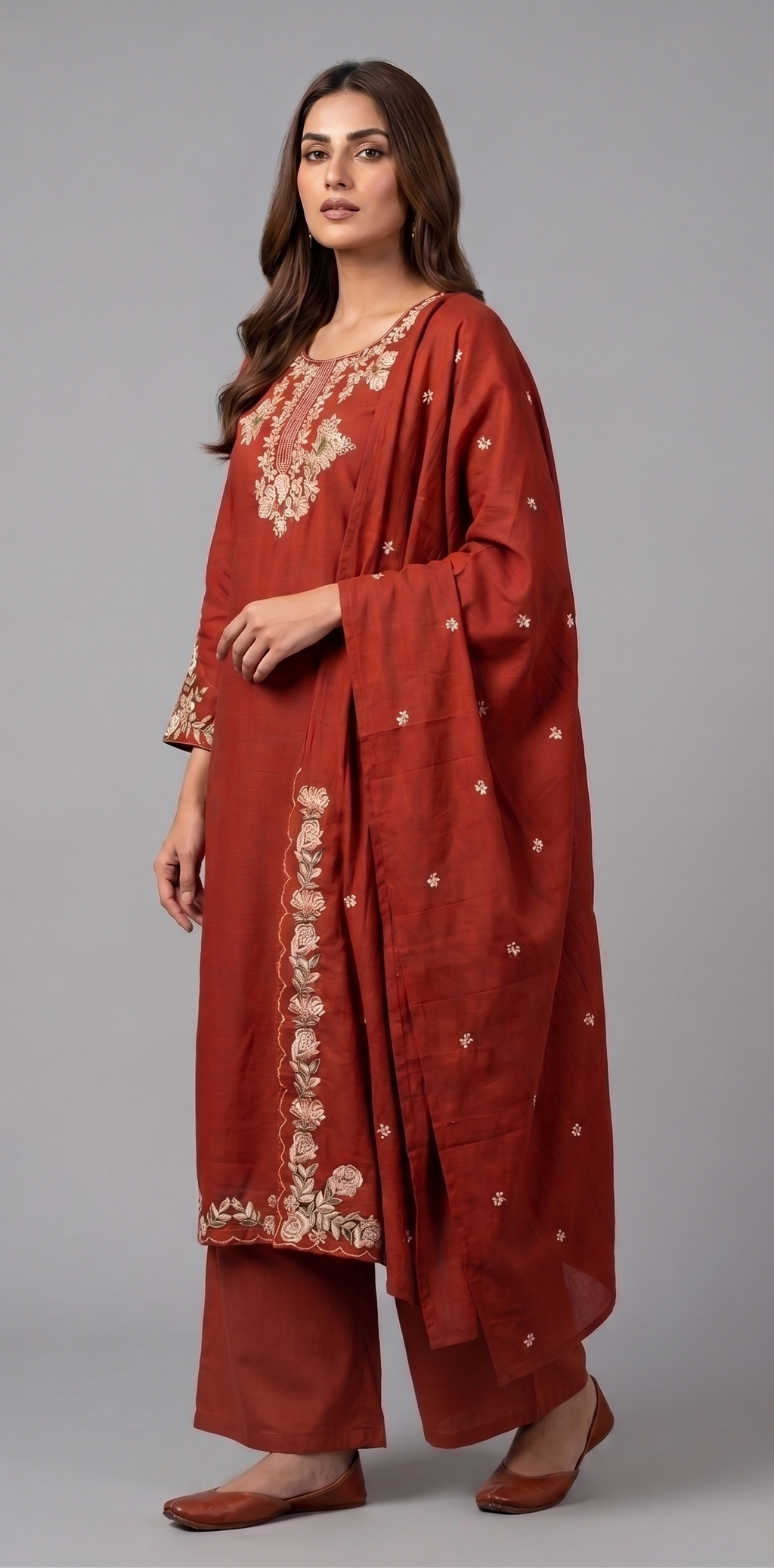 Brick Red Embroidered  Pure Cotton Kurta Set with Wide-Leg Palazzo and Dupatta