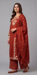 Brick Red Embroidered  Pure Cotton Kurta Set with Wide-Leg Palazzo and Dupatta