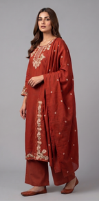 Brick Red Embroidered  Pure Cotton Kurta Set with Wide-Leg Palazzo and Dupatta