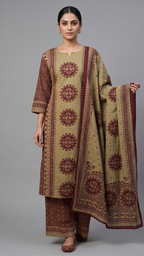 Earthy Khaki Cotton 3-Piece Ethnic Suit Set