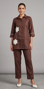 Chocolate Brown Floral Appliqué Shirt and Trouser Co-ord Set