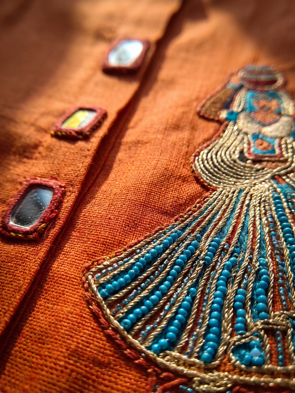 Terracotta Orange Textured Cotton Kurta Pant Set with Artistic Embroidery