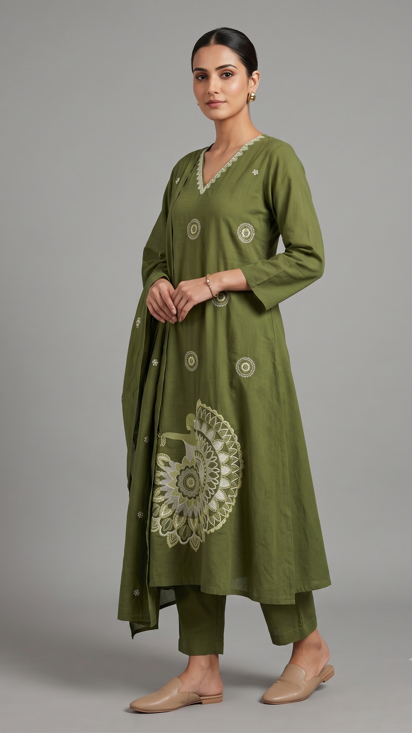 Olive Green Peacock Embroidered 3-Piece Kurta Set