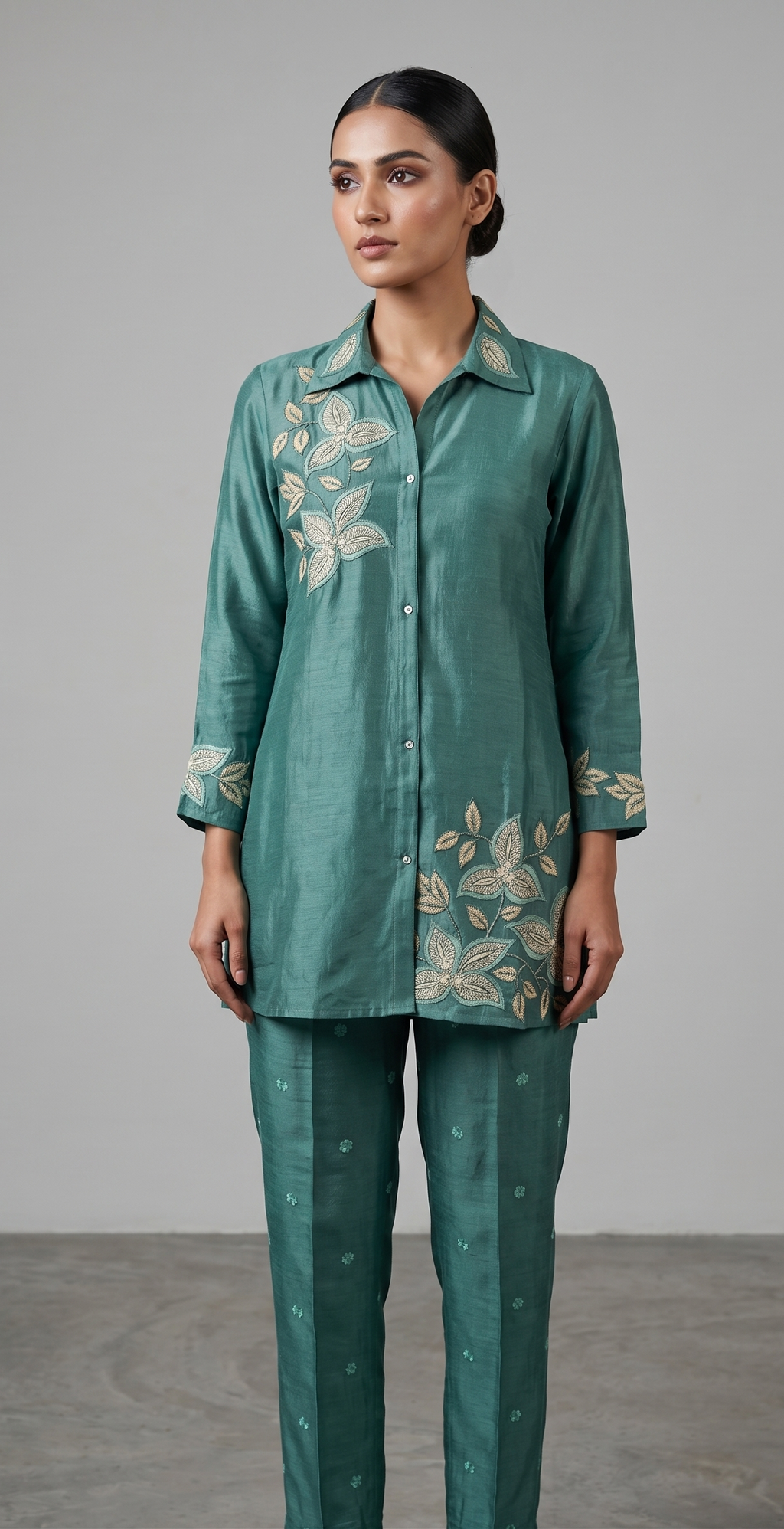 Peacock Teal Silk-Blend Co-ord Set with Botanical Embroidery