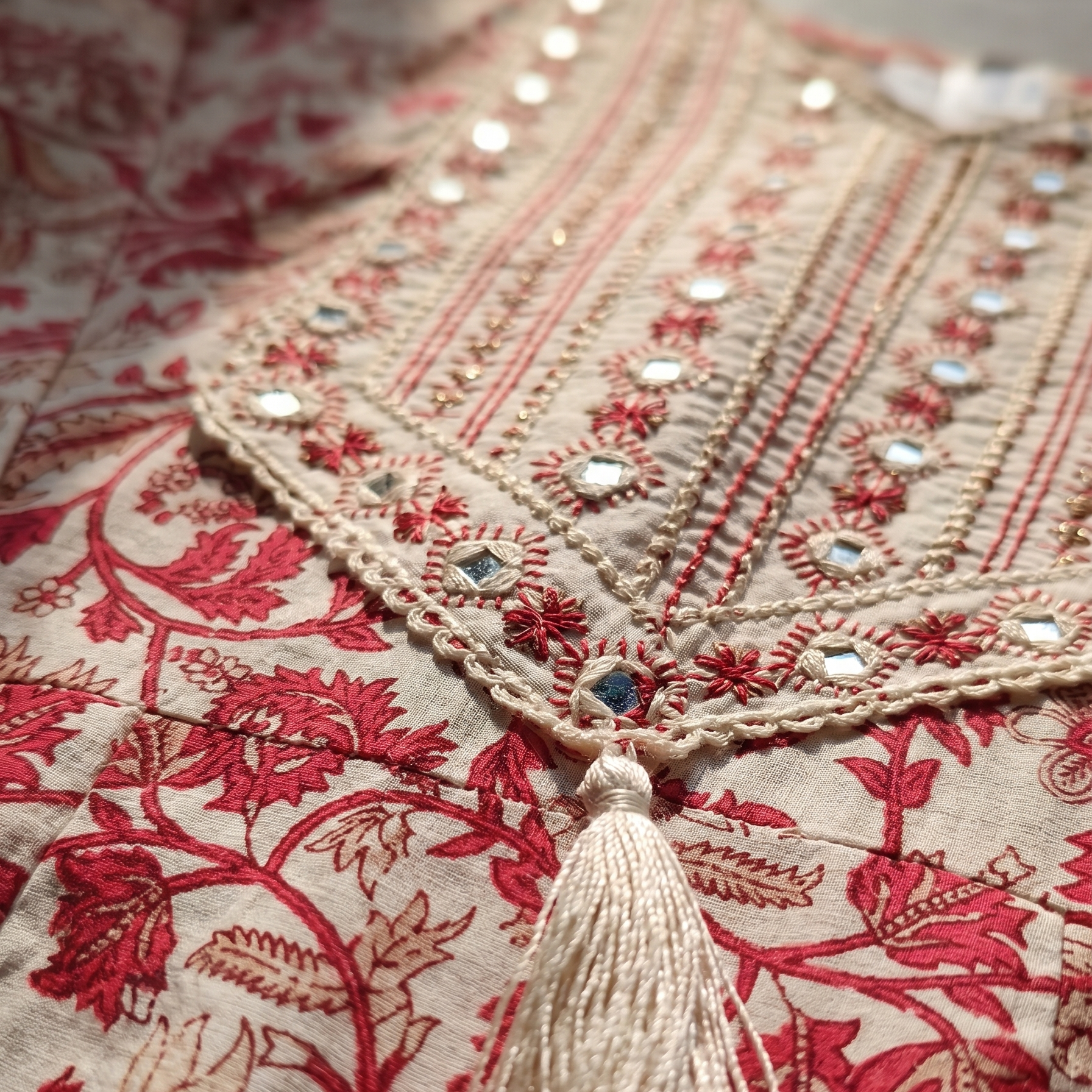 Crimson Blossom Floral Mirror-Work Anarkali Set