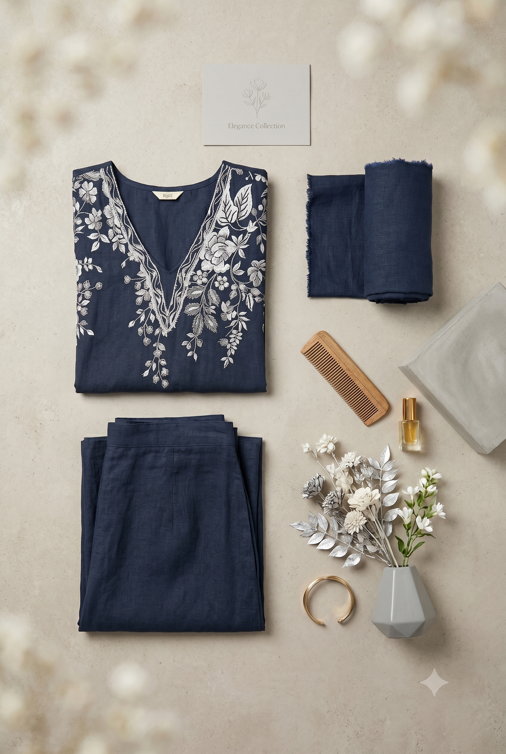 Navy Blue Floral Embroidered Kurti and Palazzo Set