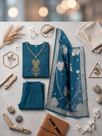 Teal Blue Embroidered Kurti Trouser Set with Woven Motif Dupatta