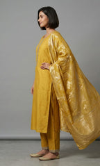 Radiant Mustard Yellow Zari Embroidered Kurta Set with Gold Brocade Dupatta