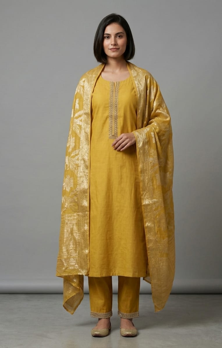 Radiant Mustard Yellow Zari Embroidered Kurta Set with Gold Brocade Dupatta