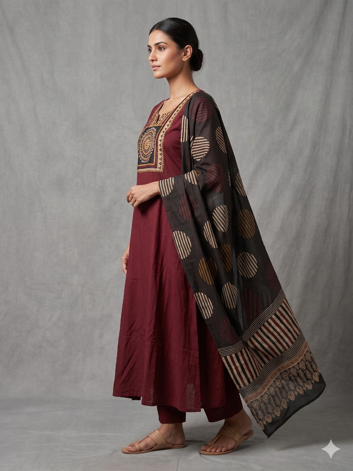 Deep Maroon Mandala Yoke Kurta Set with Statement Dupatta