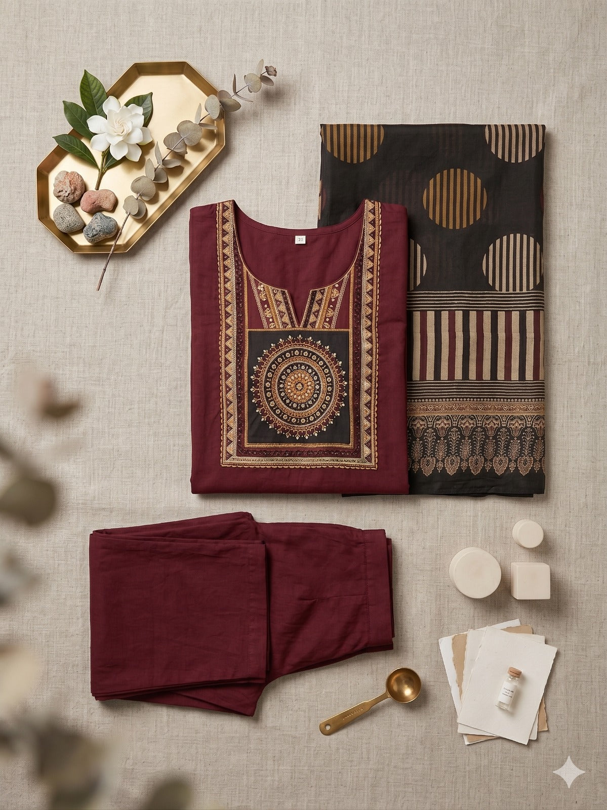 Deep Maroon Mandala Yoke Kurta Set with Statement Dupatta
