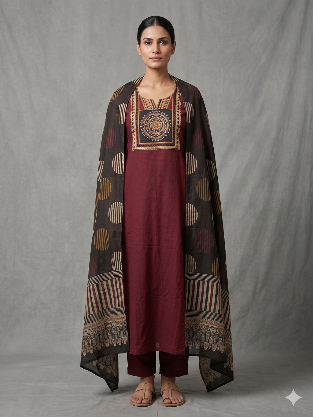Deep Maroon Mandala Yoke Kurta Set with Statement Dupatta
