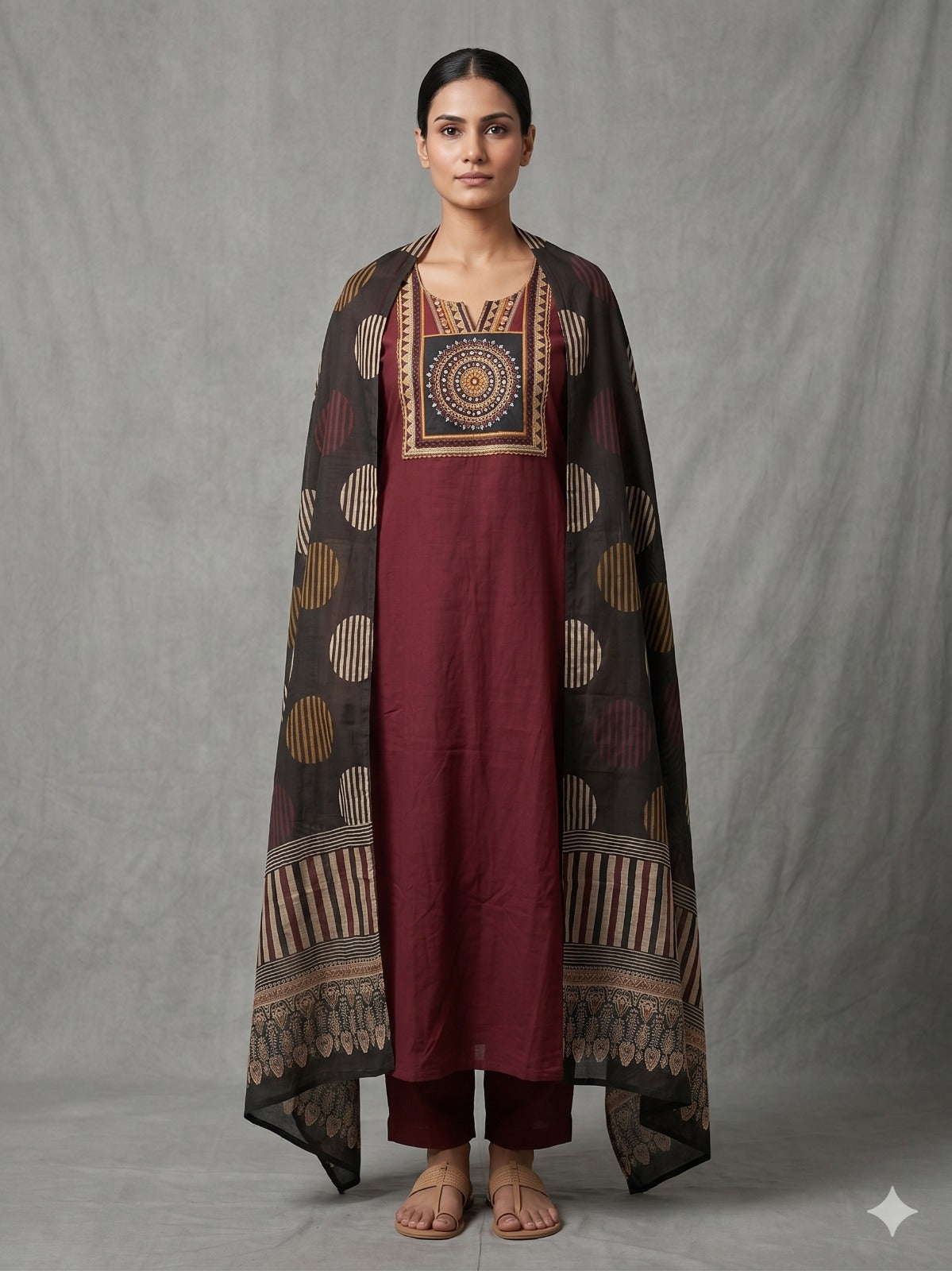 Deep Maroon Mandala Yoke Kurta Set with Statement Dupatta