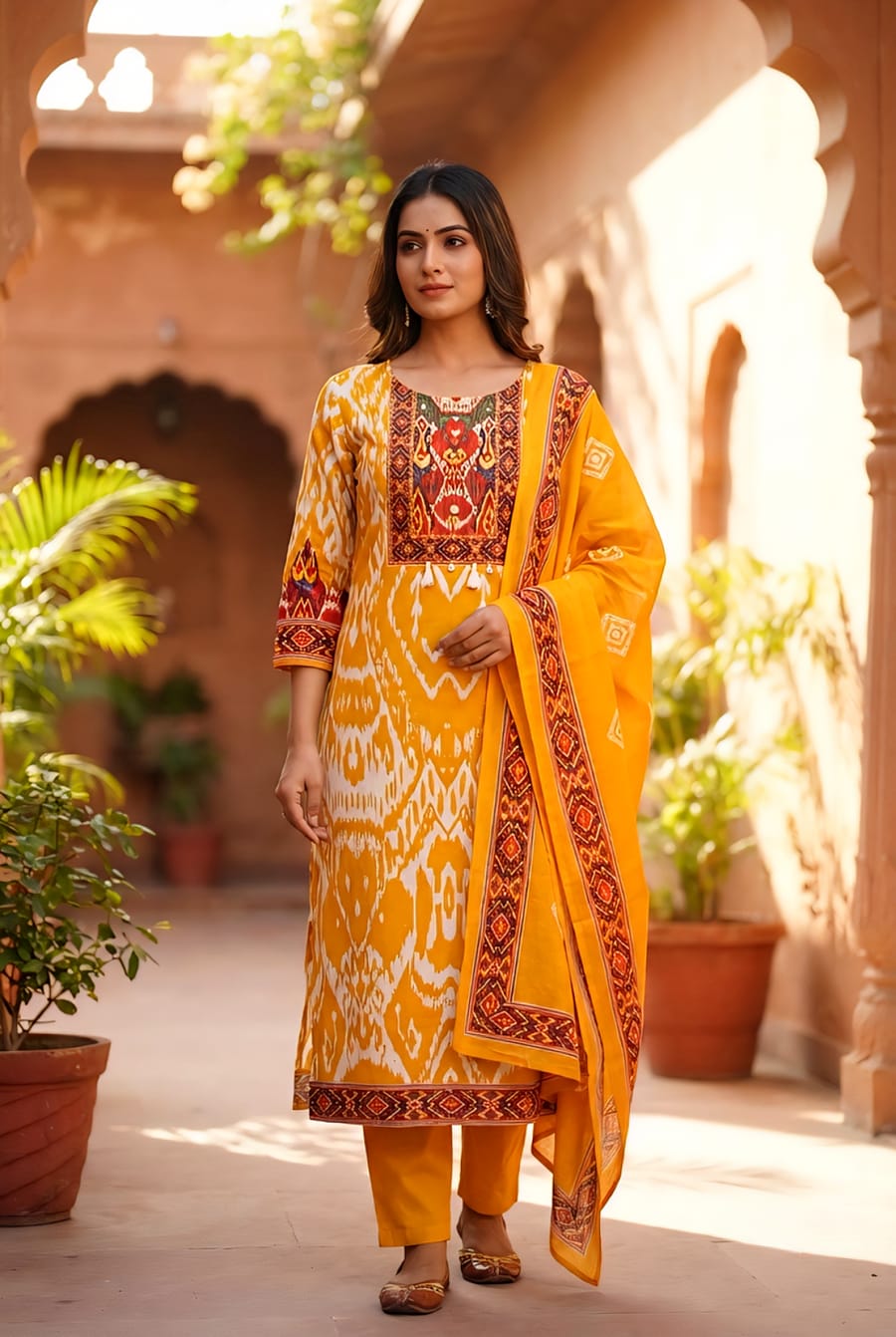 Sunshine Mustard Ikat Print Kurta Set with Heritage Yoke