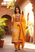 Sunshine Mustard Ikat Print Kurta Set with Heritage Yoke