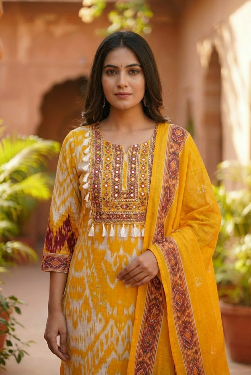 Sunshine Mustard Ikat Print Kurta Set with Heritage Yoke