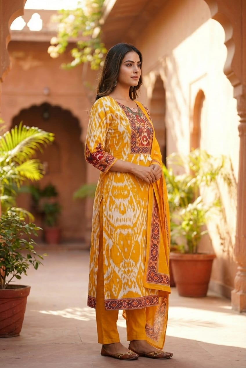 Sunshine Mustard Ikat Print Kurta Set with Heritage Yoke
