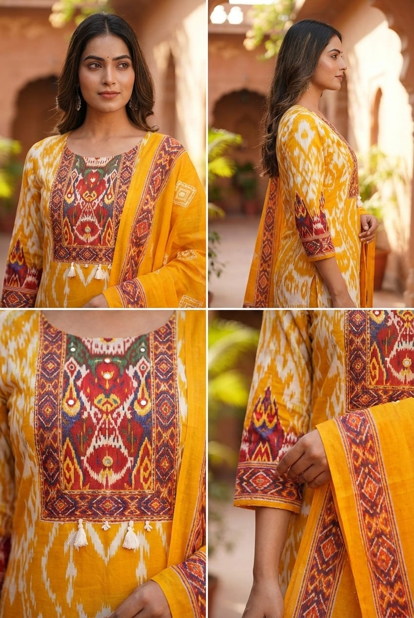 Sunshine Mustard Ikat Print Kurta Set with Heritage Yoke
