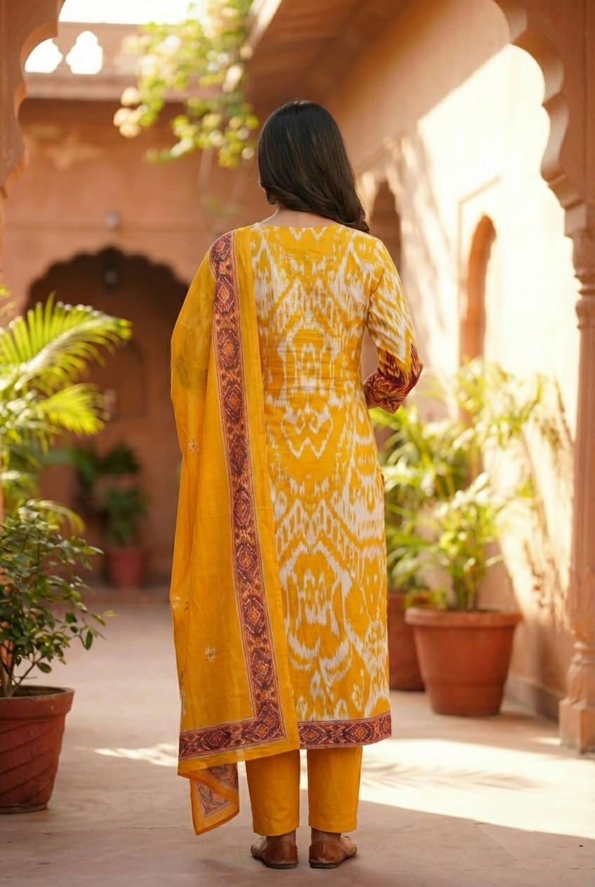 Sunshine Mustard Ikat Print Kurta Set with Heritage Yoke
