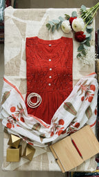 Vermilion Pintuck Anarkali Set with Botanical Dupatta