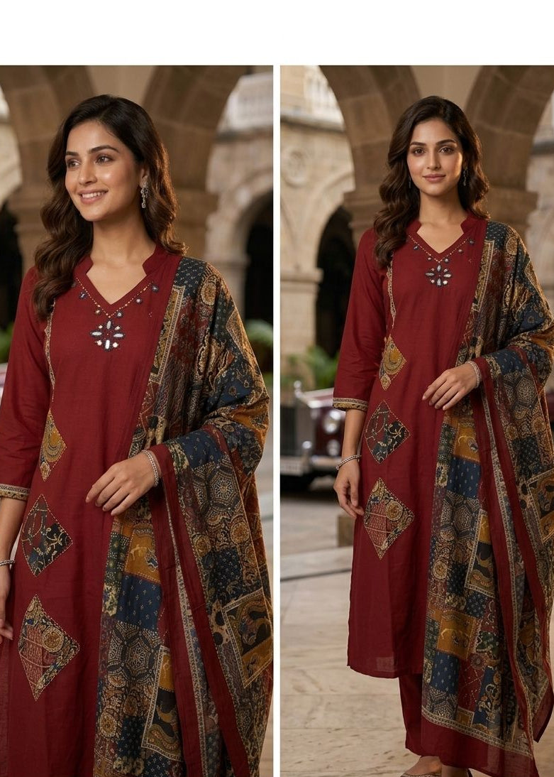 Regal Maroon Patchwork Kurta Set with Heritage Print Dupatta