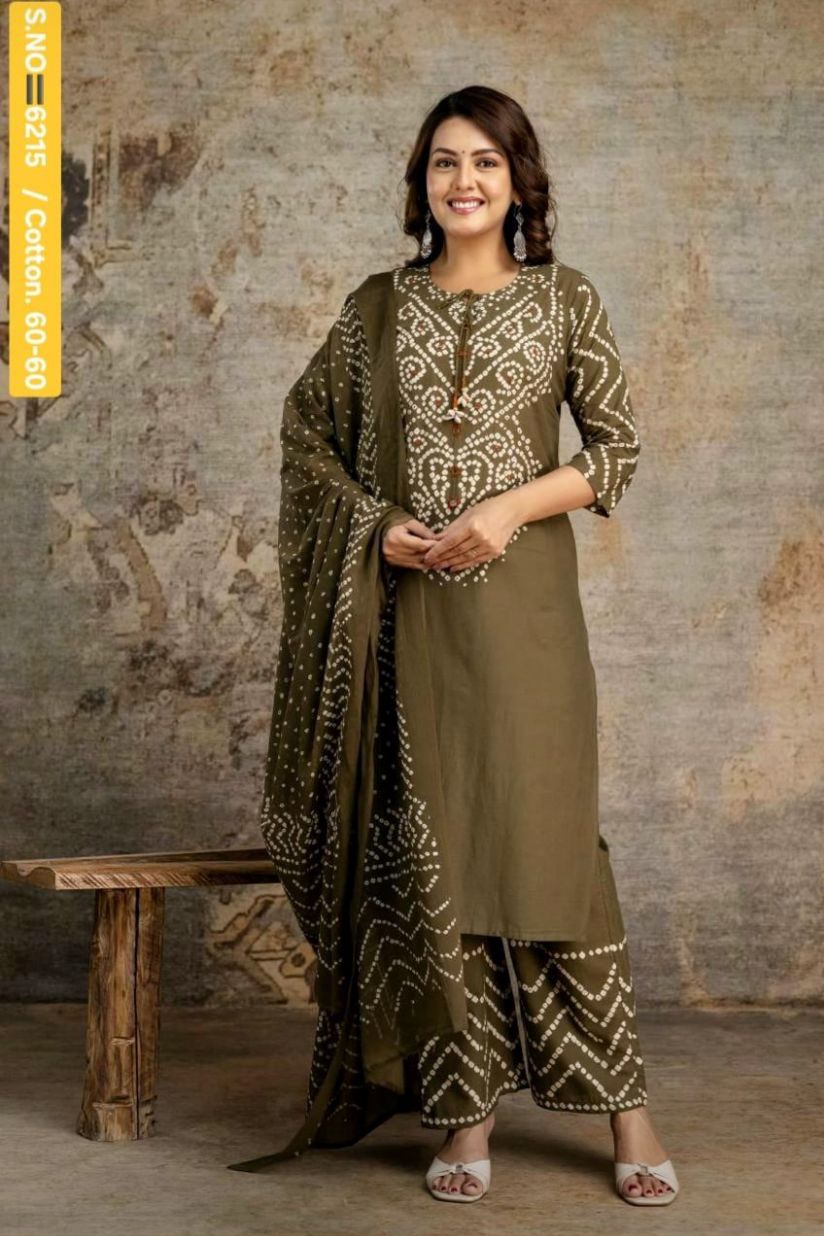 Earthy Olive Bandhani Print Pure Cotton Kurta Set