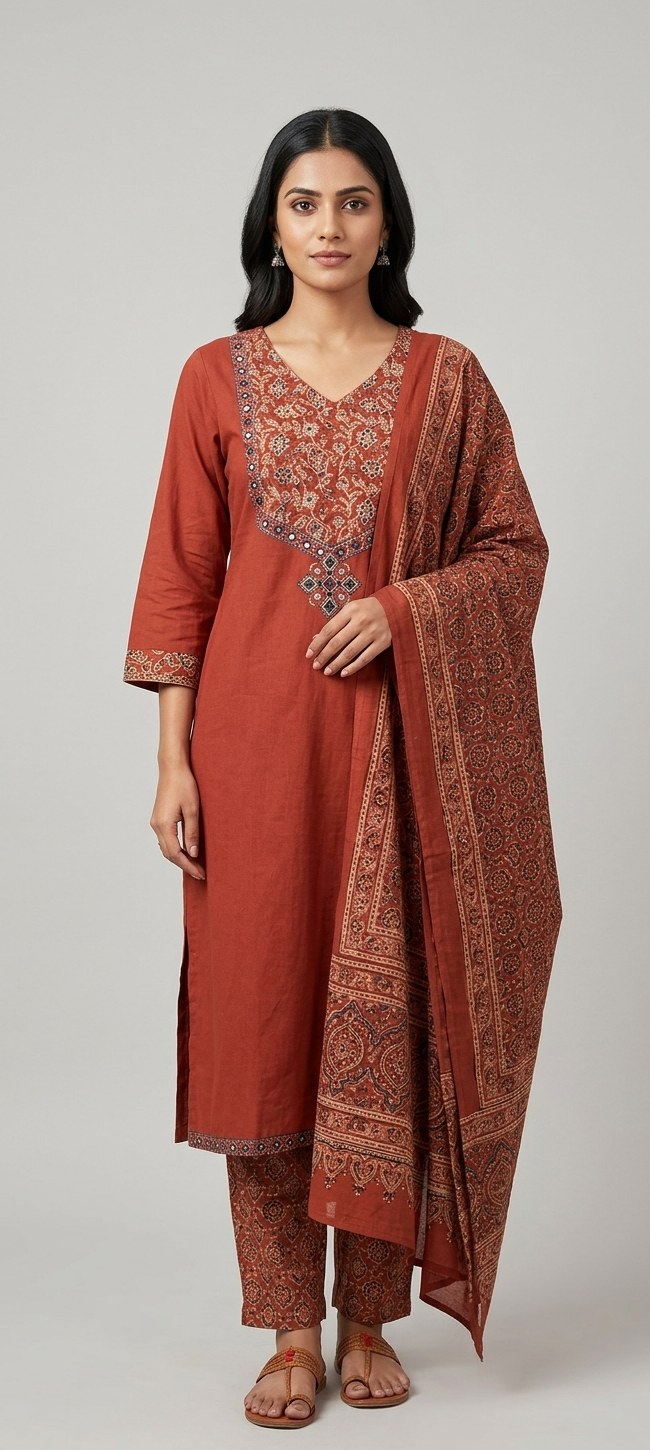 Rust Ajrakh-Inspired Three-Piece Suit